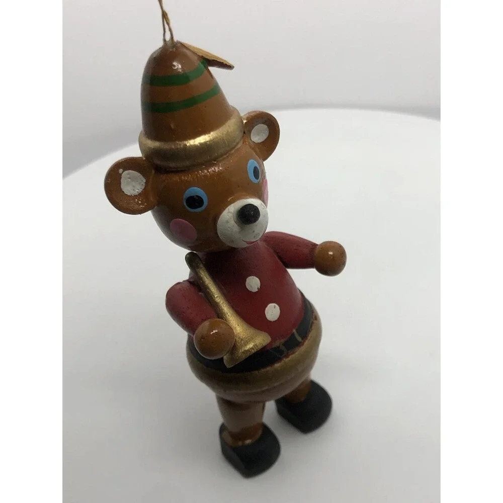 Vintage Christmas Wooden Teddy Bear Toy Ornament With‎ Horn Musical 4.25
